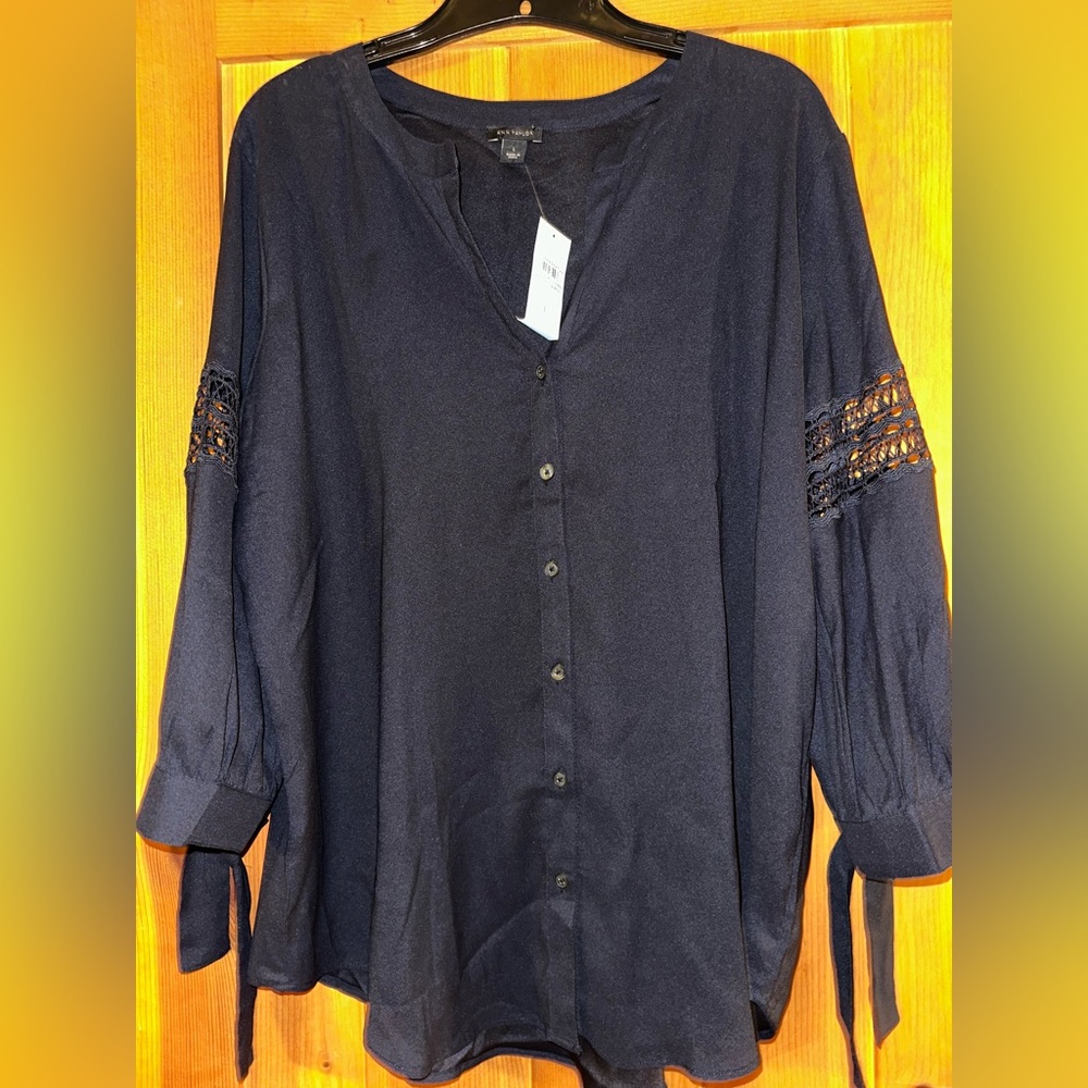 Ann Taylor Midnight Blue Blouse with Lace Accents